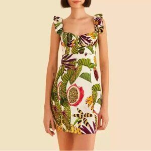 FARM RIO Printed Linen Mini Dress White Green Ruffle Straps
